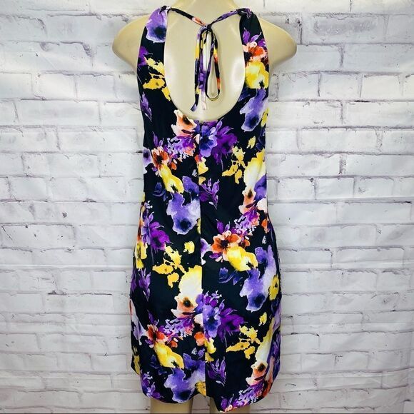 BEIGE by ECI Floral Black Purple Shift Halter Dress size Small - Picture 3 of 9